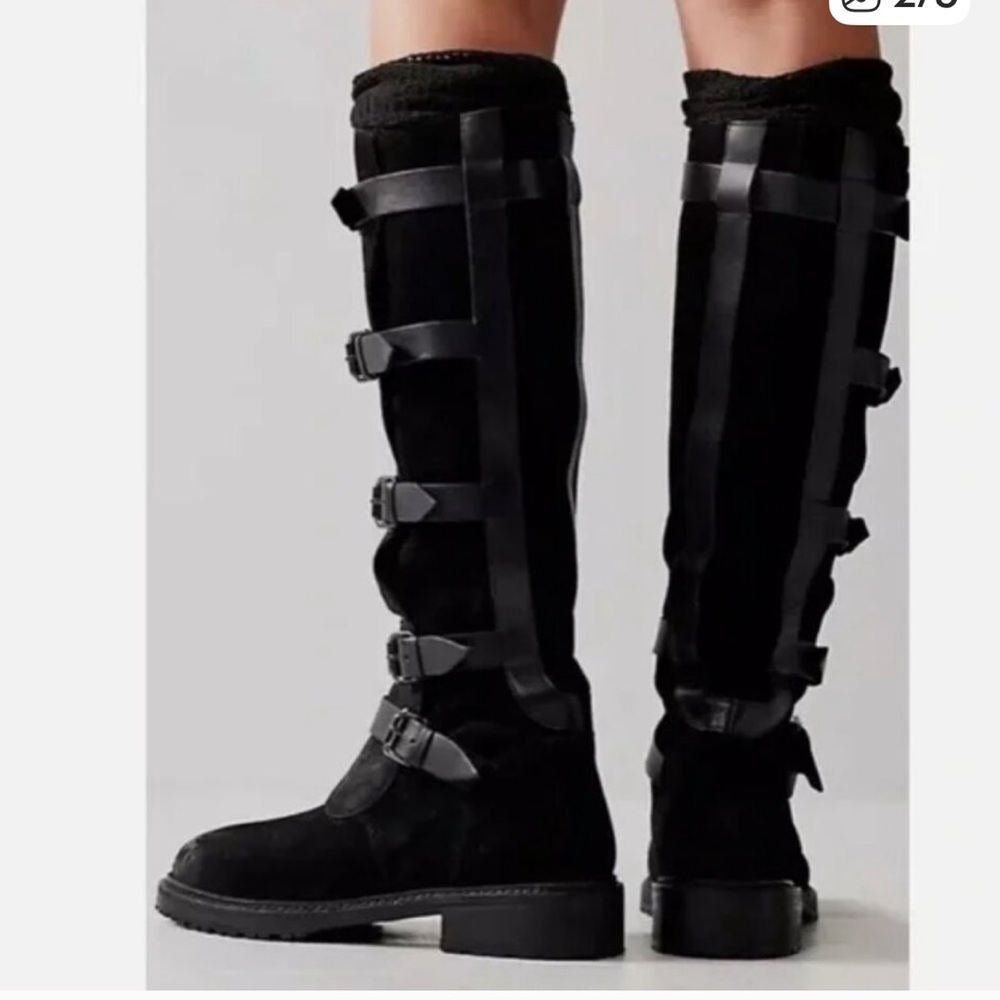 New Free People Tristie Buckle Strap Knee-High Biker Boots Black Leather US 9